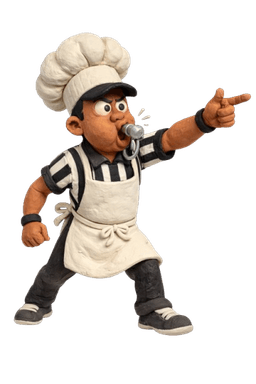 FoodRef mascot — a referee chef blowing a whistle